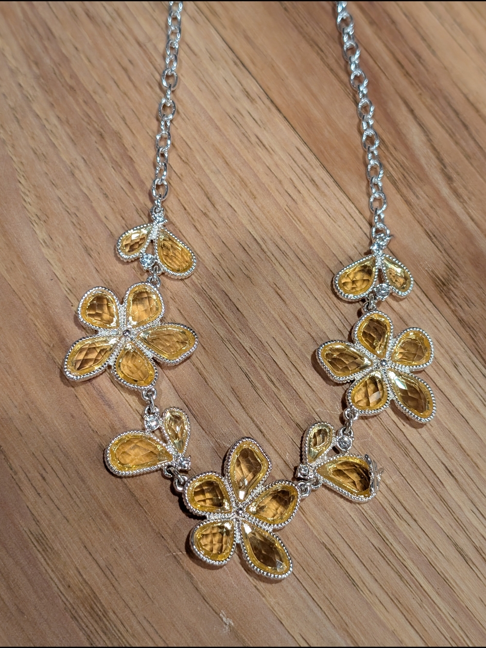 Source Unknown Yellow Floral Crystal Necklace with Silver-Tone Accents